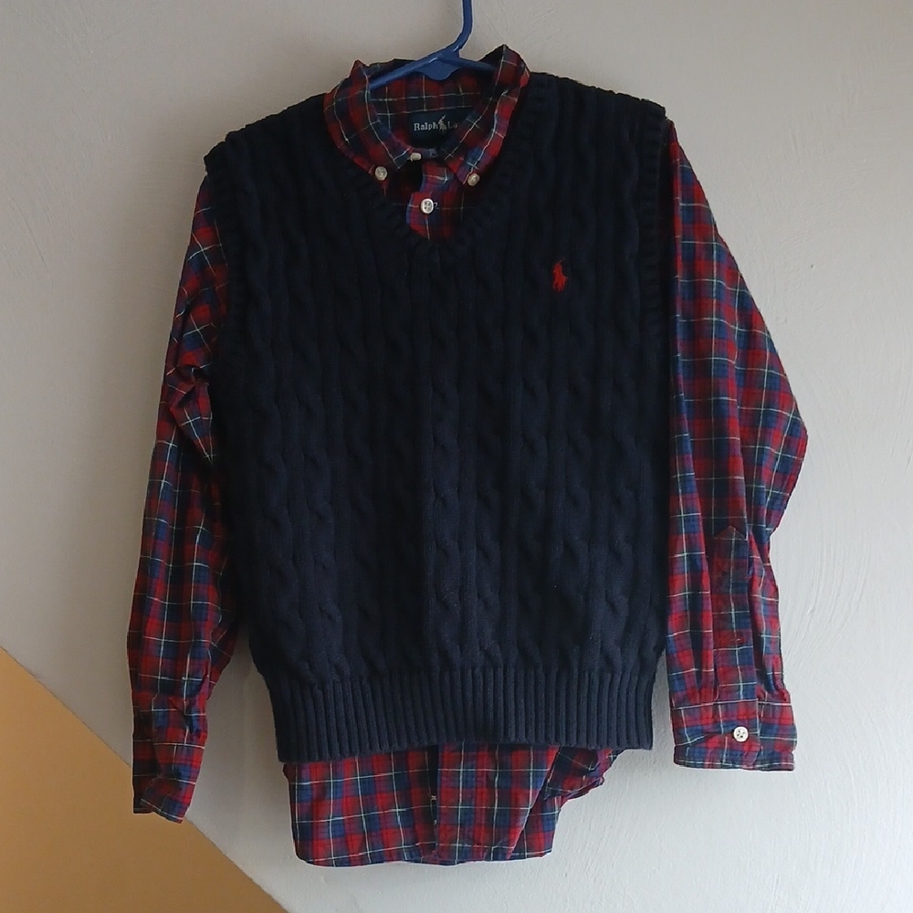 Ralph Lauren Black Cable Knit Vest with Red Plaid Shirt